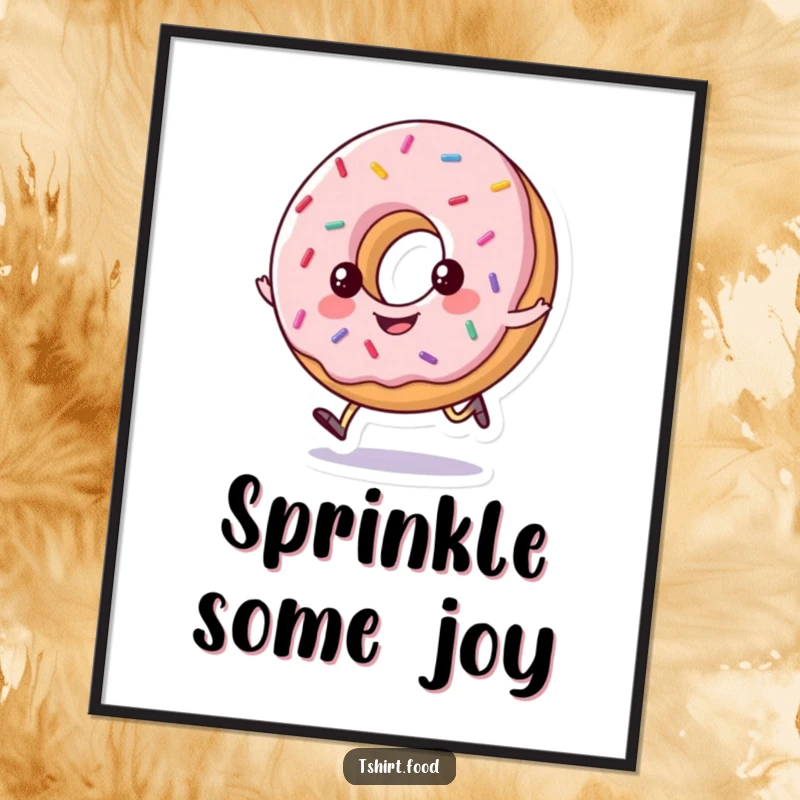 Funny poster of a happy, sprinkled donut doing a little hop, adding cheerful and appetizing wall decor.