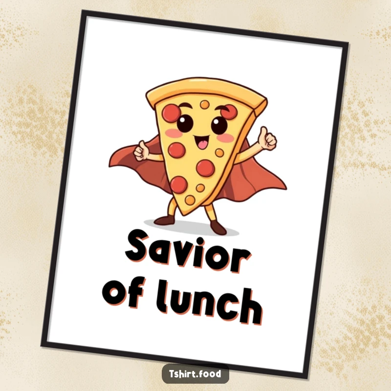 Funny Hero Pizza Slice Poster: A proud pizza slice with a cape strikes a dynamic superhero pose, ready for action.