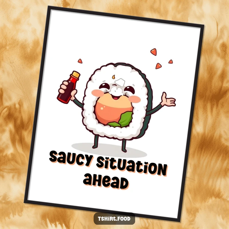 Funny poster of a joyful sushi roll character excitedly juggling a soy sauce bottle, adding a splash of culinary humor to any wall.