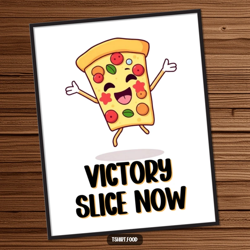 Funny pizza slice poster in a dynamic victory dance, toppings flying high, conveying exhilaration and deliciousness. Perfect wall decor.