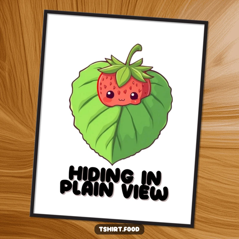 Funny art poster of a shy strawberry cautiously peeking from behind a large leaf, conveying a sense of sweet shyness.