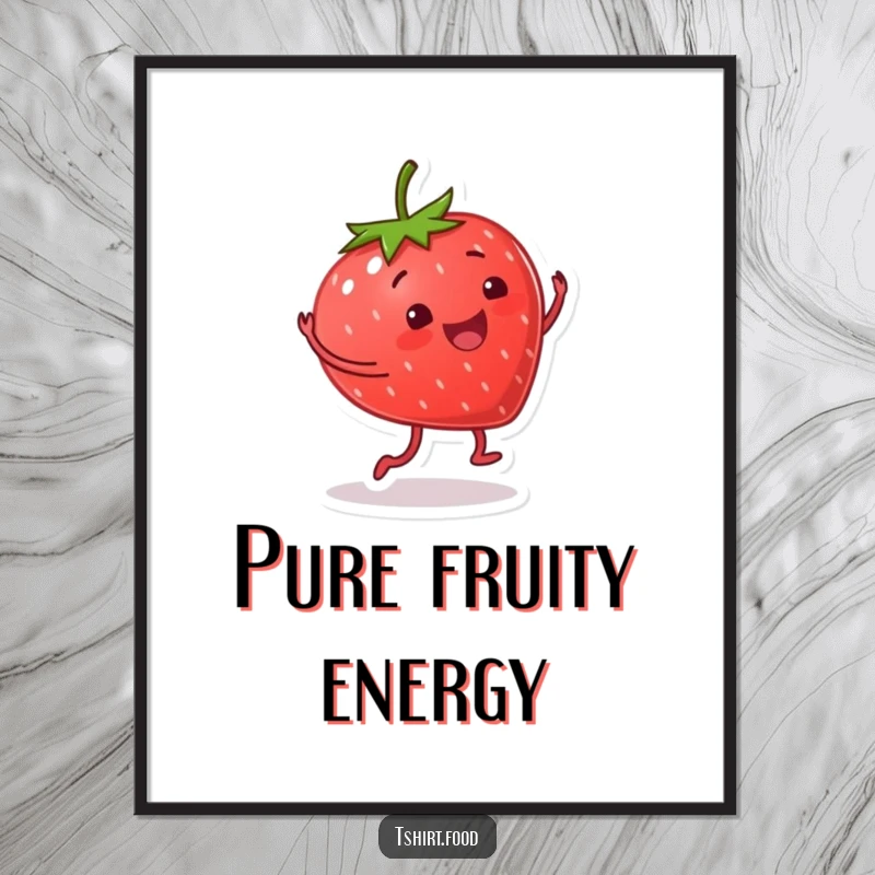 Funny poster of a smiling strawberry character with little legs doing a happy cartwheel, adding energetic and fruity humor to any wall.
