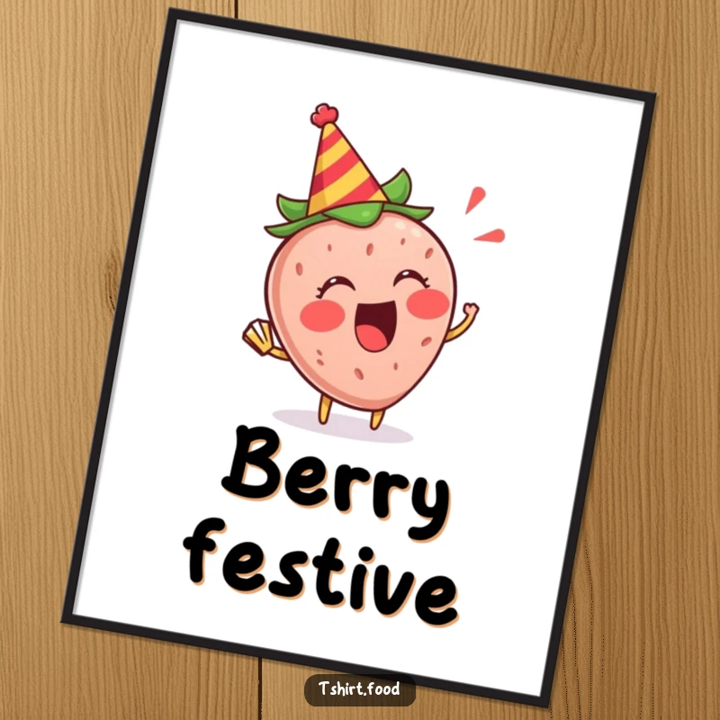 Funny Strawberry Party Poster: An excited strawberry in a party hat blowing a horn, vibrant festive wall art.