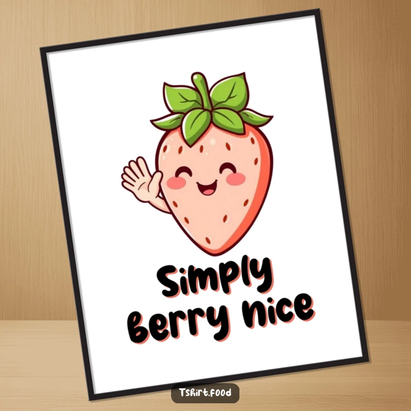 Funny poster showcasing a vibrant strawberry character with leafy hair, waving a happy and humorous greeting.