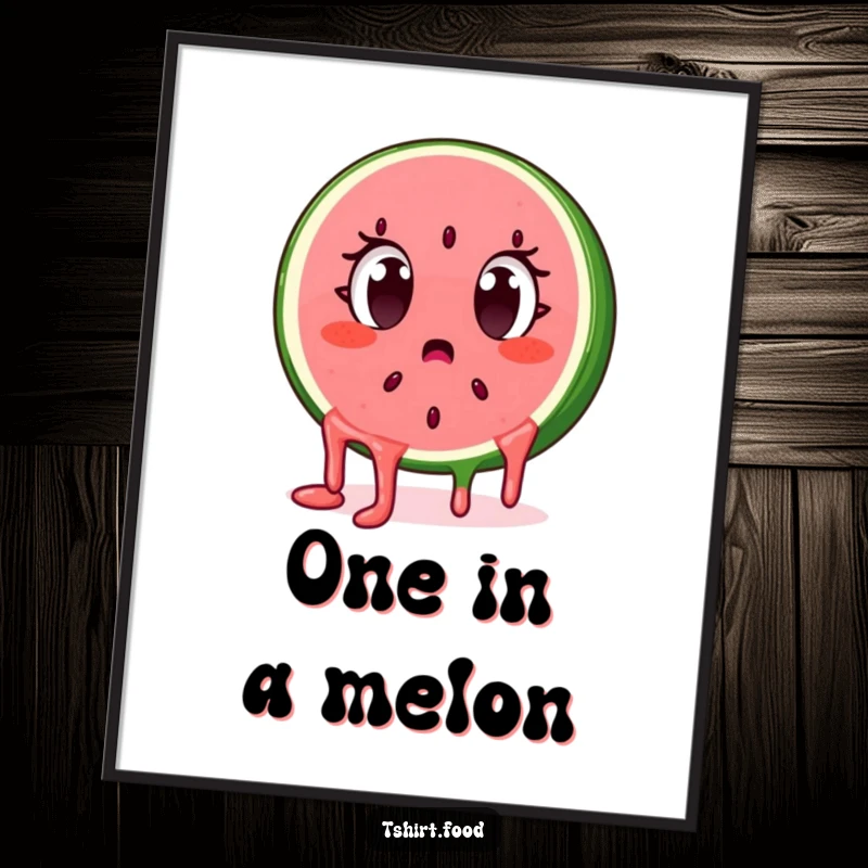 Funny surprised watermelon slice character with dripping seeds, eyes wide, as wall art on a poster. Whimsical and vibrant.