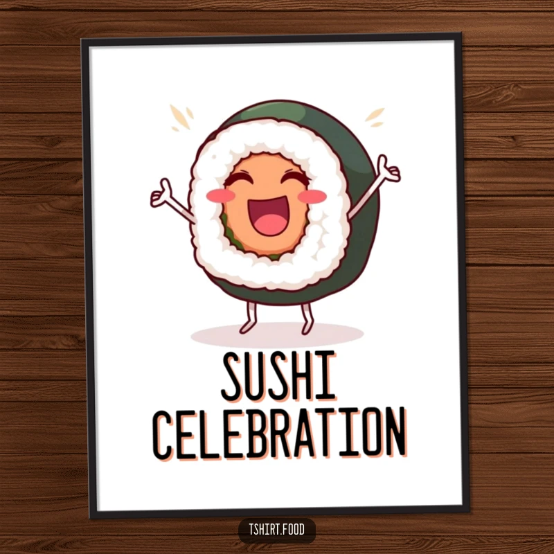 Funny Poster: A beaming sushi roll with tiny legs dances a happy victory dance, bringing vibrant foodie art to your walls.