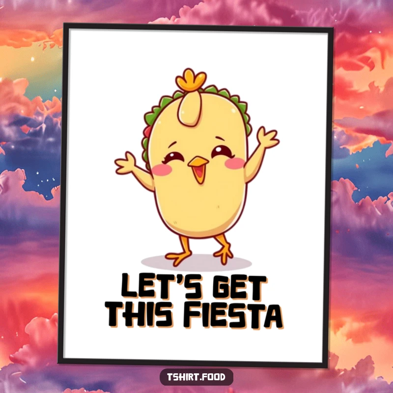 Funny Taco Chicken Dance Poster showcasing a giggling taco character with small feet performing the classic chicken dance, adding humor to decor.