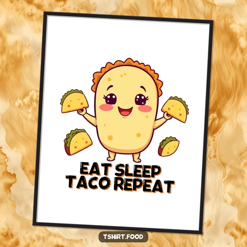 Funny Taco Juggling Poster showing a delighted taco juggling miniature tacos, adding a splash of vibrant, humorous art to any room.