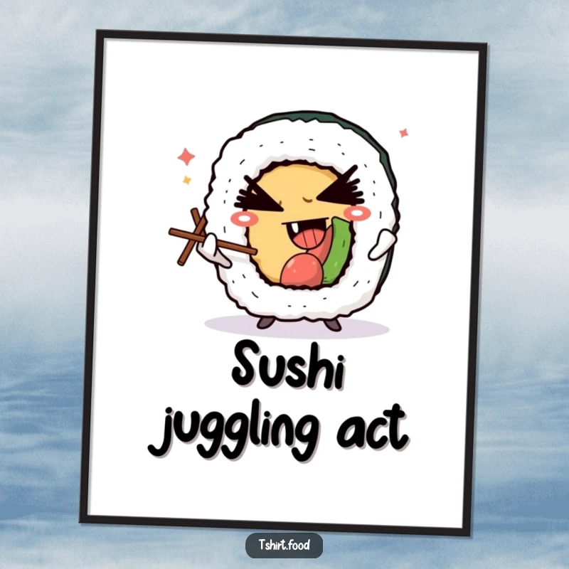 Funny poster art of a winking sushi roll character juggling tiny chopsticks with a sly, devilish grin, capturing playful Japanese food artistry.