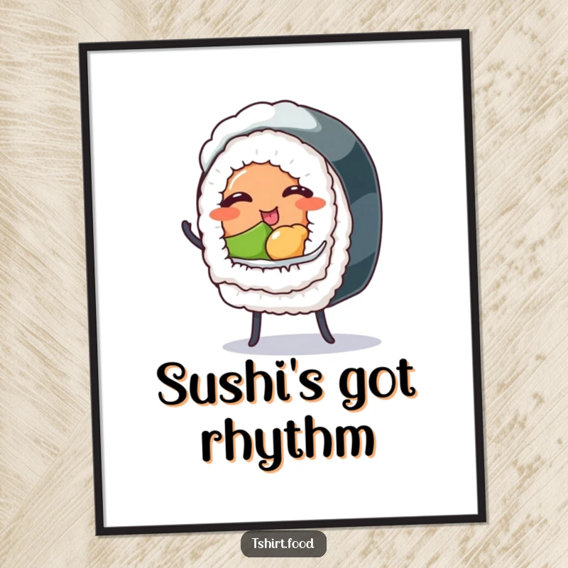 Funny poster of a winking sushi roll with tiny legs in a dynamic dance, adding vibrant, humorous energy to walls.
