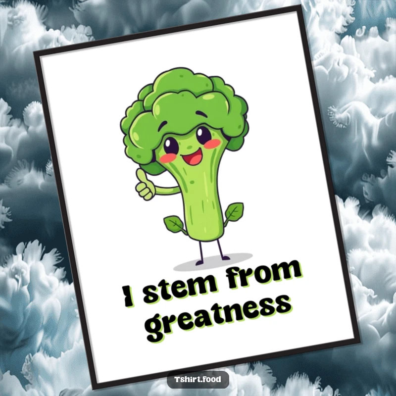 Funny broccoli character giving a thumbs up, balancing on its stem, as vibrant wall art on a poster. Humorous and decorative.