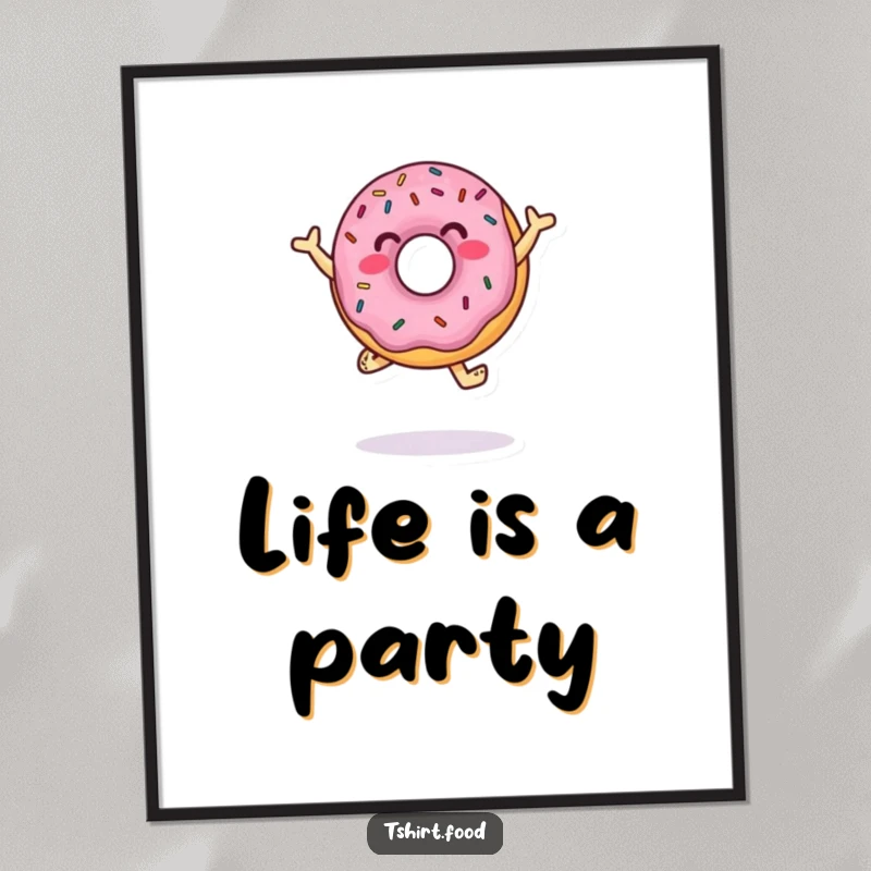 Funny Poster of a jumping donut character with sprinkles, performing an energetic dance, bringing a cheerful and whimsical feel.