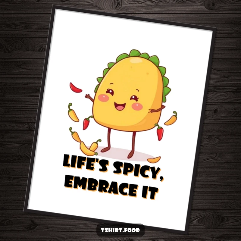 Funny taco poster illustrating a happy, leggy taco cheerfully juggling small, bright chiles, a festive piece of art.