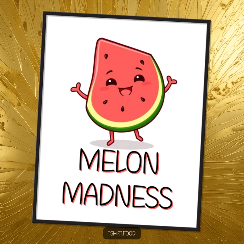 Funny art poster of a slice of watermelon energetically dancing with a wide, silly grin, radiating pure summer joy.
