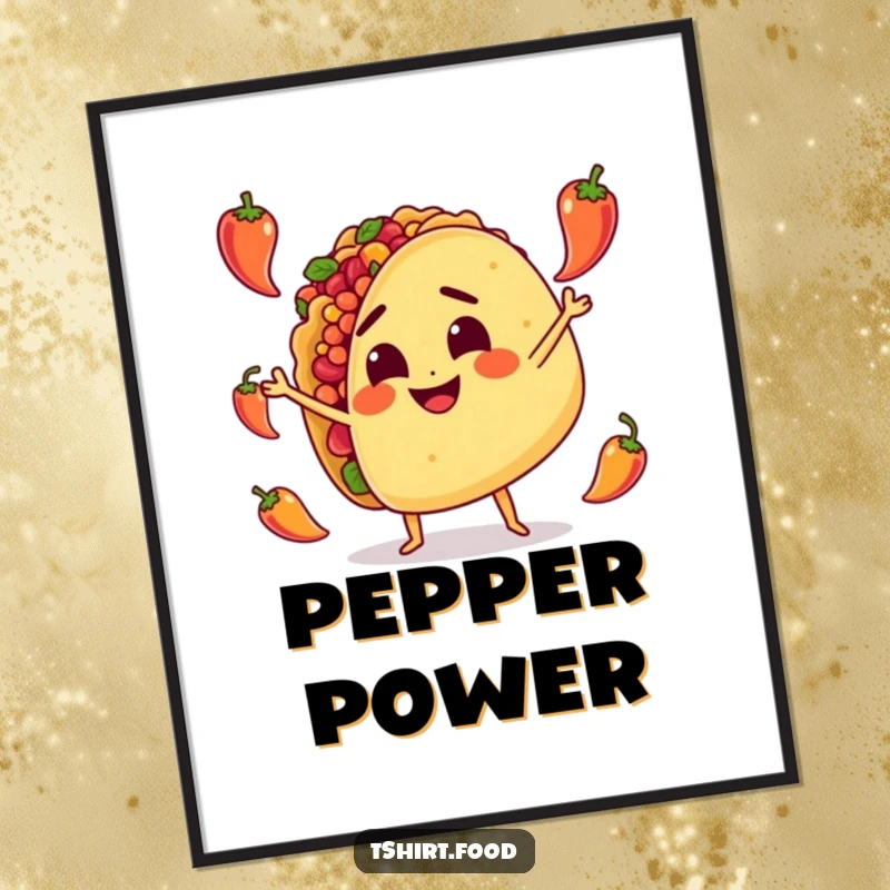 Funny Poster: A cheerful taco character with a determined expression juggles several small, spicy peppers, creating a dynamic artwork.