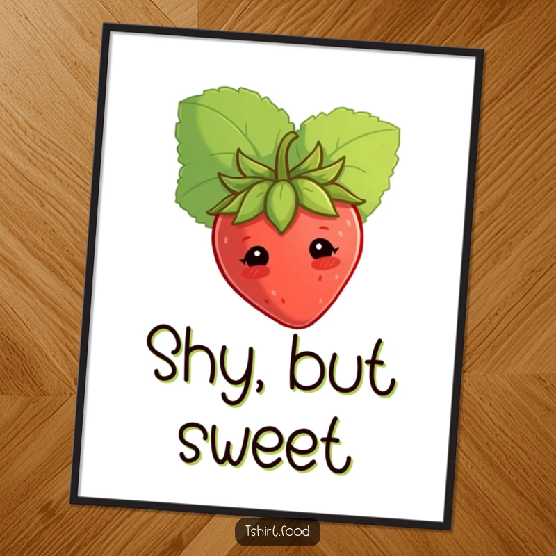 Funny shy strawberry poster, peeking from a leaf with a bashful look, adding cute humor to walls. Excellent funny gift.