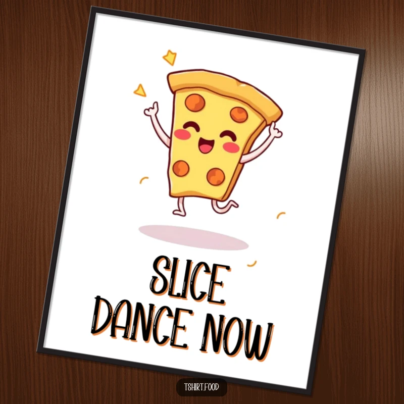 Funny poster art of a cheesy pizza slice character energetically performing a celebratory dance with tiny legs, embodying cheesy fun and joy.