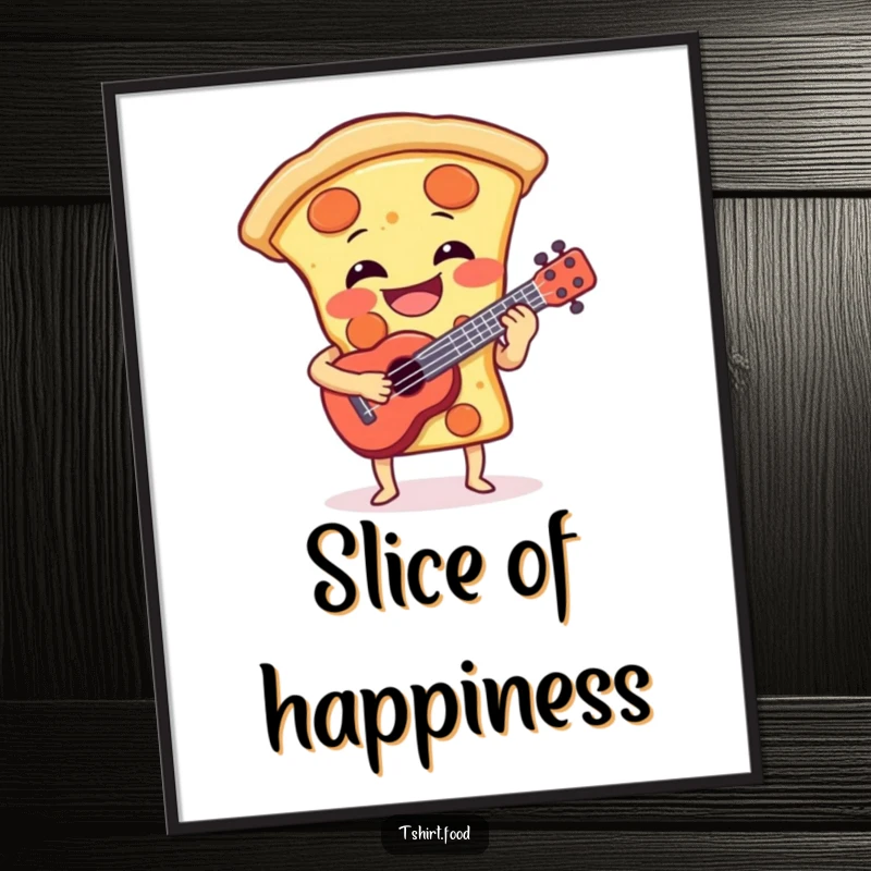 Funny poster featuring a laughing pizza slice expertly playing a miniature ukulele, adding musical joy to any room. A funny gift.