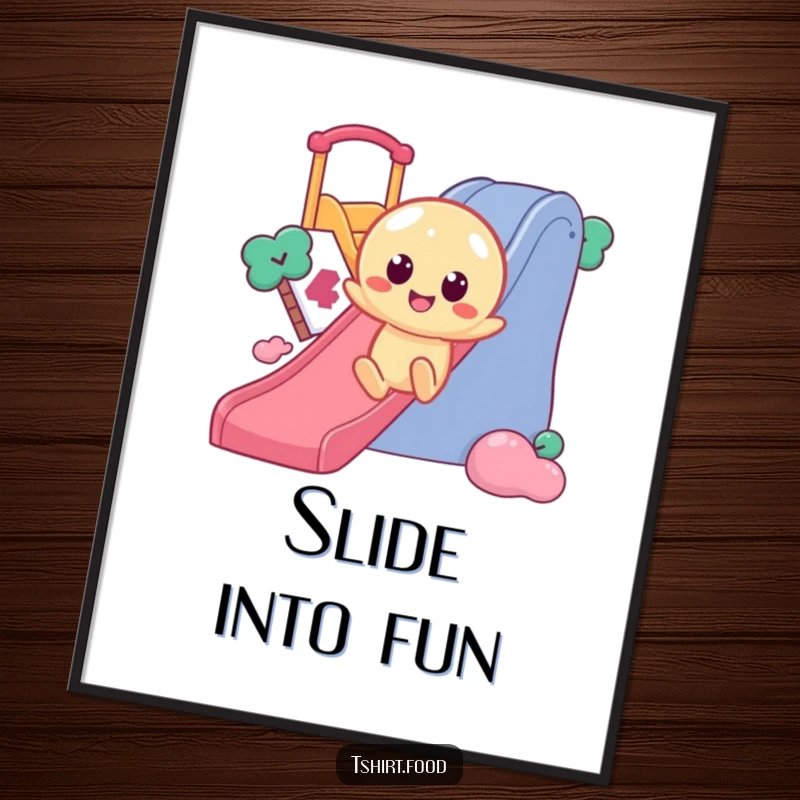 Funny Jelly Slide Poster showing a wobbly jelly character with round eyes gleefully sliding down a slide, perfect for adding dynamism to decor.