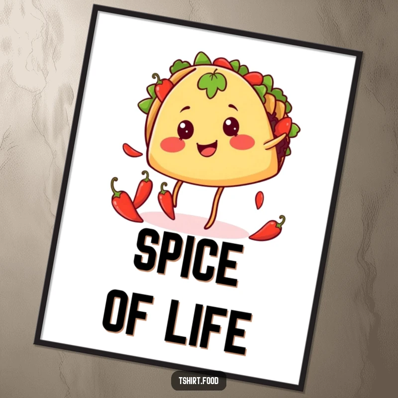 Funny juggling taco poster showing a smiling taco with legs juggling tiny chili peppers, a vibrant and humorous piece.