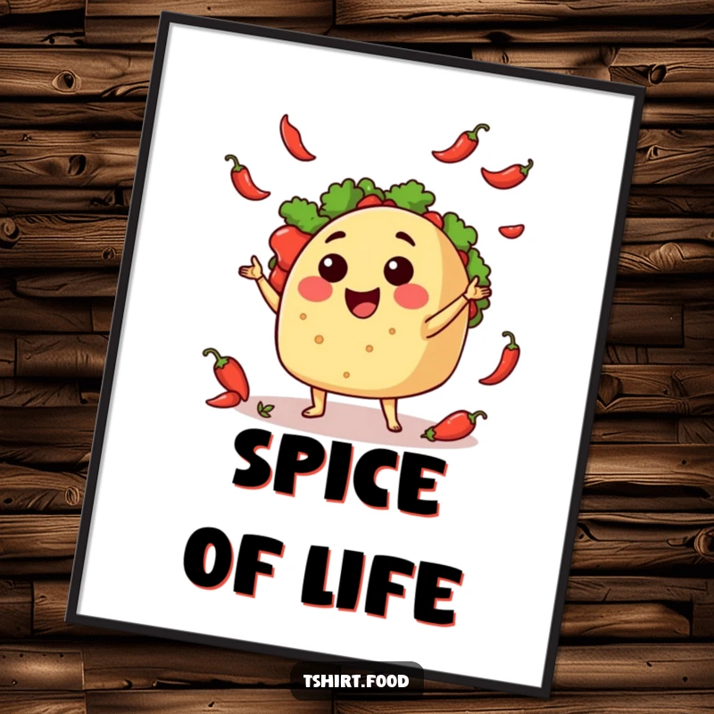 Funny Poster: A whimsical depiction of a happy taco engaged in a playful juggling act with tiny, bright chili peppers.
