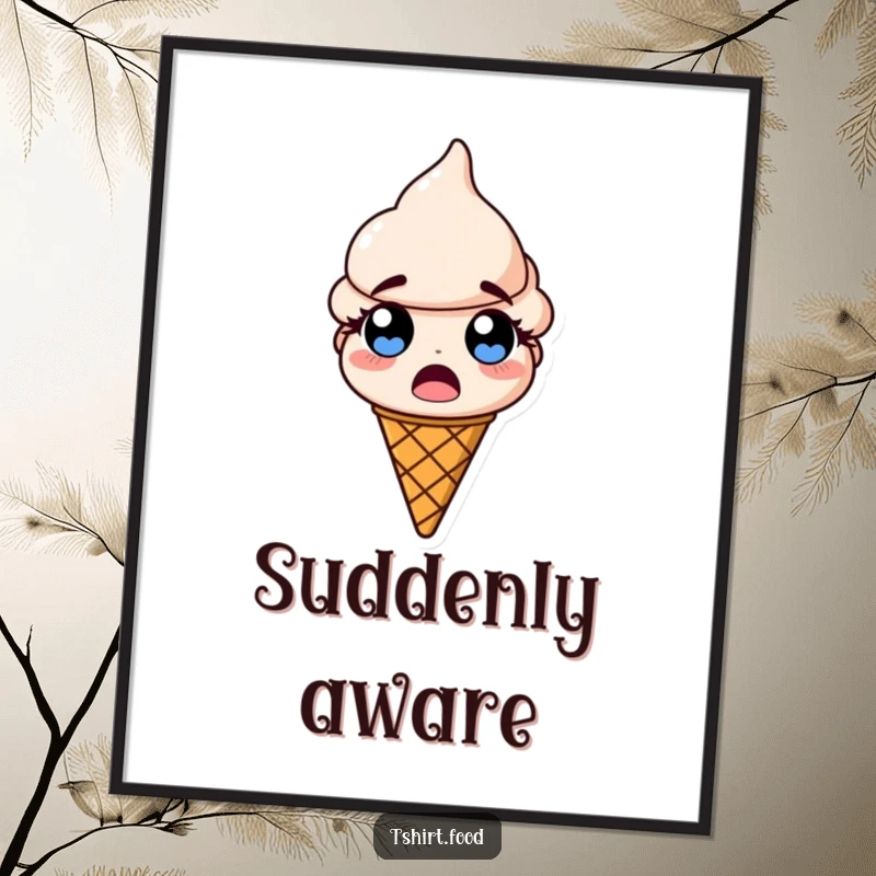 Funny art poster of an ice cream cone with comically large, startled eyes, in a moment of pure, frozen surprise.