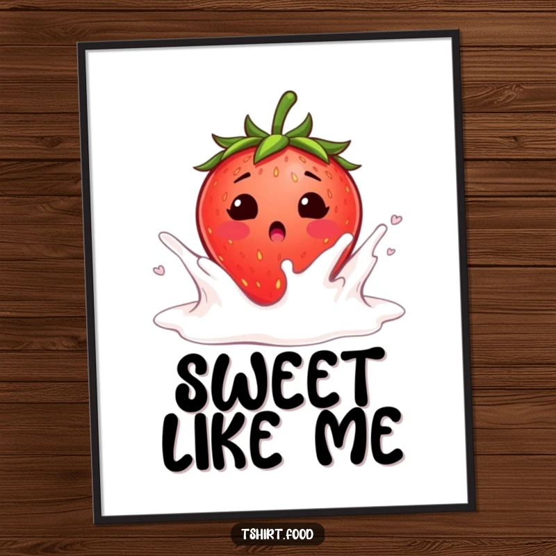 Funny surprised strawberry blushing as it falls into a milk splash poster, a cute strawberry blushing as it lands in creamy milk, bringing funny decor.