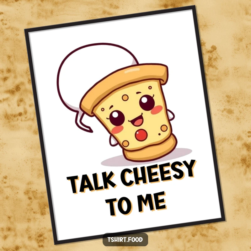 Funny poster featuring a cheesy pizza slice peeking from a speech bubble, adding humorous and appetizing wall decor.