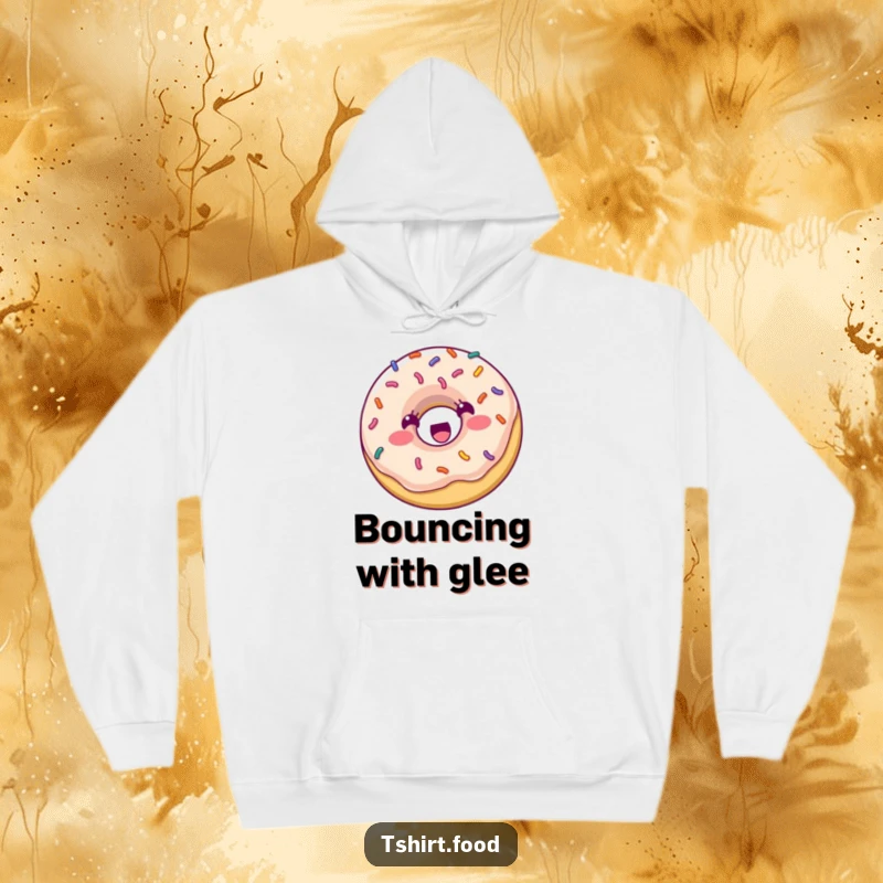 Funny Hoodie: A happy donut with colorful sprinkles bounces with excitement, offering cozy warmth and a sugary sense of humor.