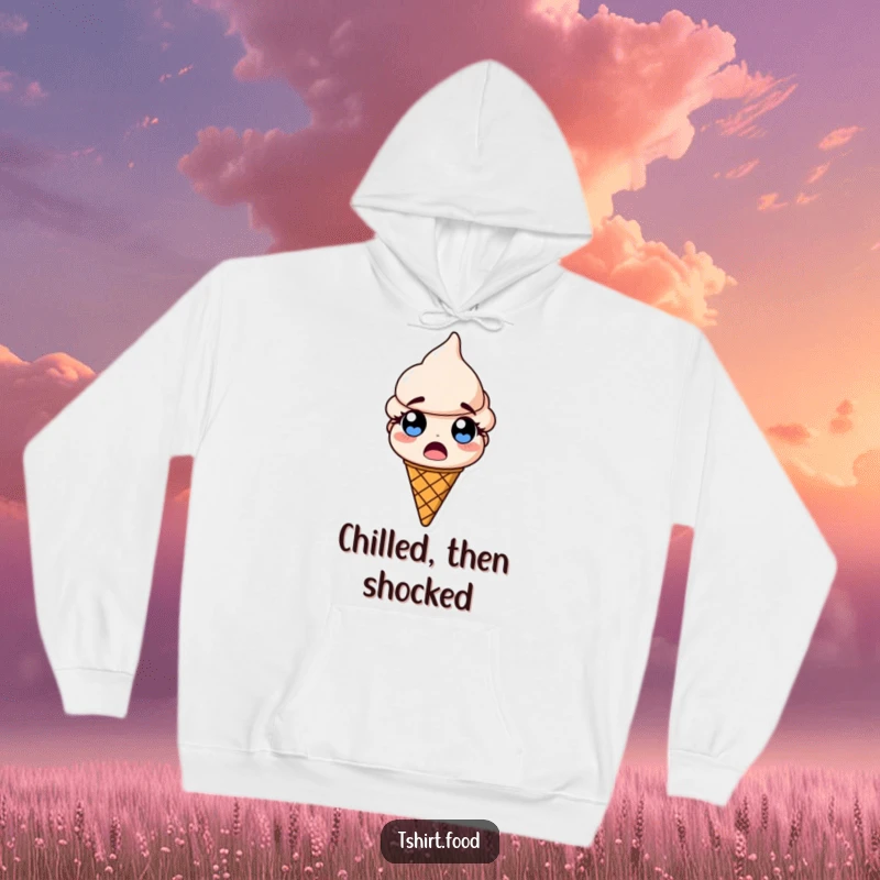 Funny hoodie featuring a shocked ice cream cone with wide, bulging eyes, designed for ultimate comfort and amusement.