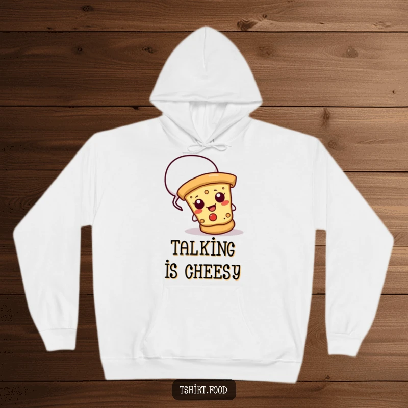 Funny hoodie featuring a cheesy pizza slice peeking from a speech bubble, offering warmth and humorous foodie vibes.