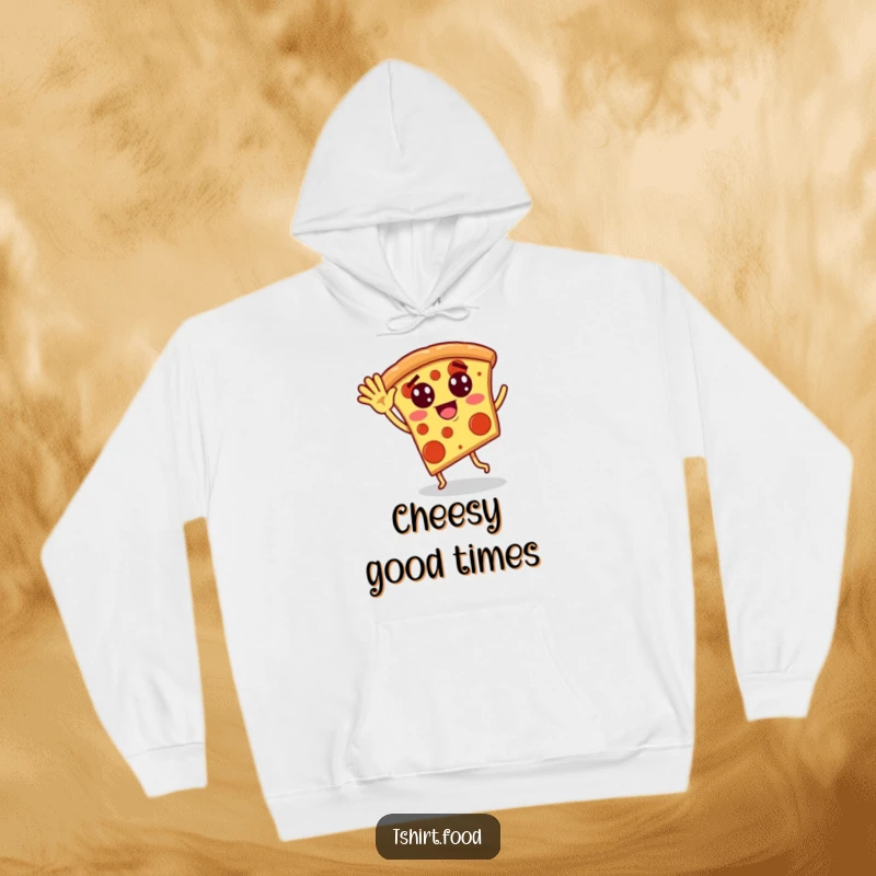 Funny hoodie showcasing a pizza slice with pepperoni eyes waving and doing a silly dance, offering cozy comfort and wacky fun.