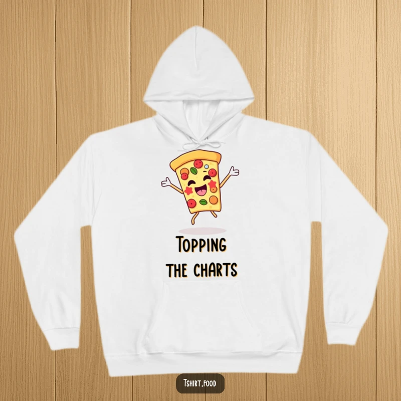 Funny pizza slice hoodie performing a jubilant victory dance, its toppings expressing pure happiness. A warm and humorous apparel choice.