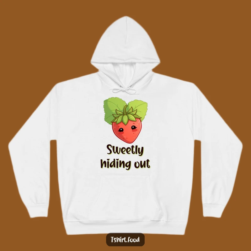 Cozy Funny Shy Strawberry Hoodie Peeking Behind Leaf, Warm Humorous Gift