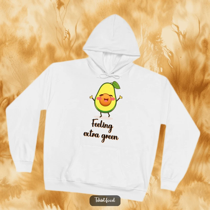 Cozy funny winking avocado hoodie, doing a happy jig, perfect for staying warm with humor. Ideal funny gift.