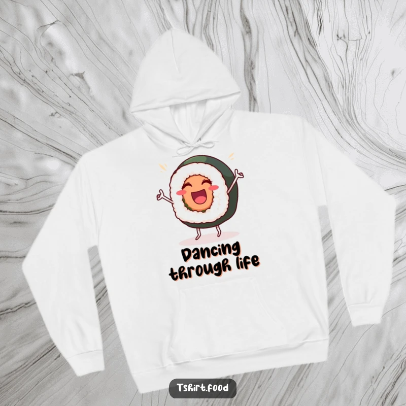 Funny Hoodie: A beaming sushi roll with tiny legs dances with joy, bringing festive cheer to this warm apparel.