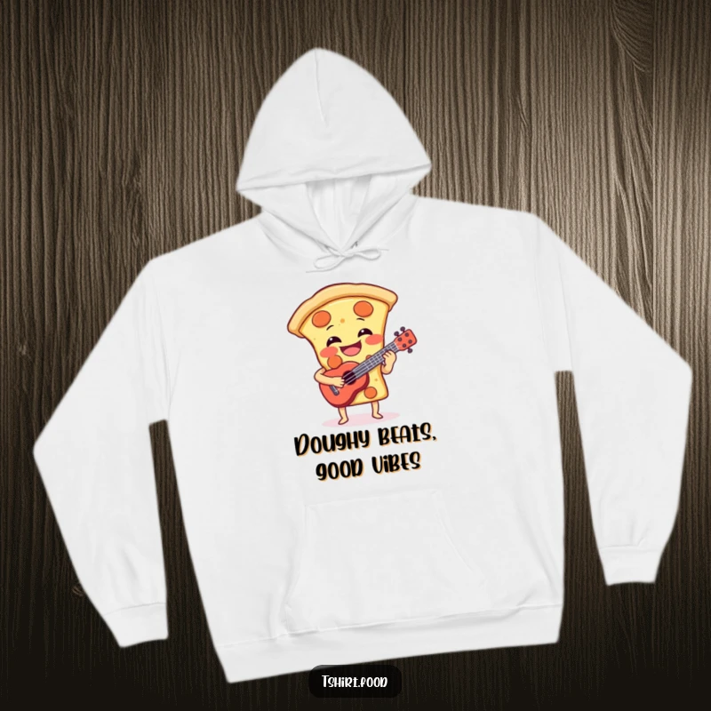 Funny hoodie depicting a laughing pizza slice passionately playing a small ukulele, perfect for cozying up with a smile. A funny gift.