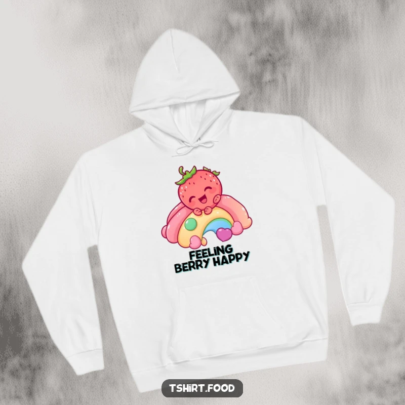 Funny Strawberry Rainbow Hoodie featuring a giggling strawberry character sliding down a candy rainbow, offering warmth and a joyful, sweet aesthetic.
