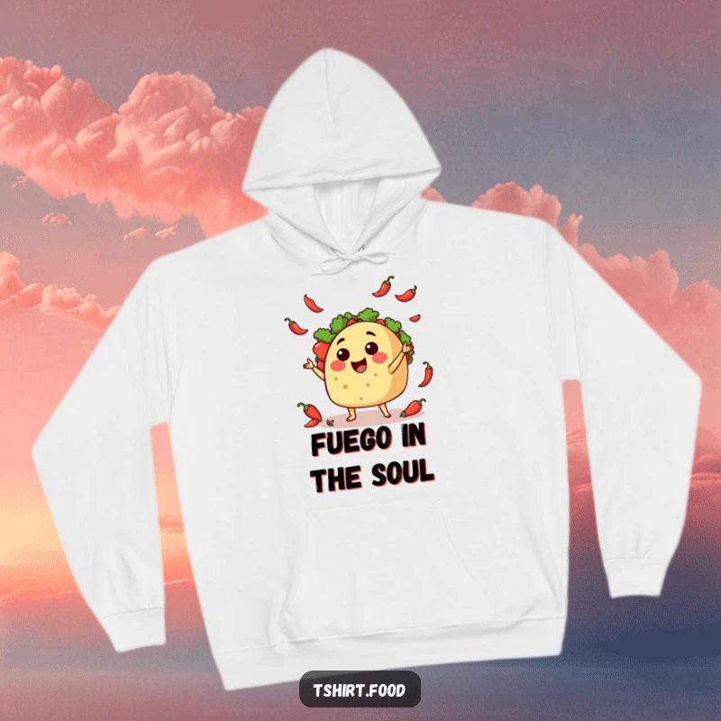 Funny Hoodie: A cheerful taco heroically juggling miniature chili peppers, showcasing its entertaining and energetic personality.