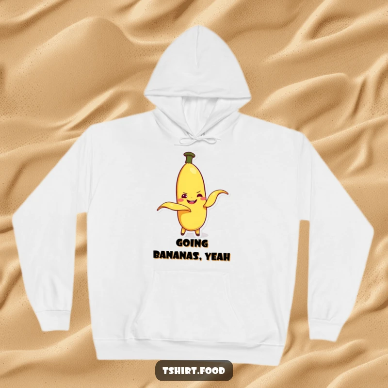 Funny banana character peeling itself with a mischievous grin, on a warm hoodie. Comfortable and comical clothing.