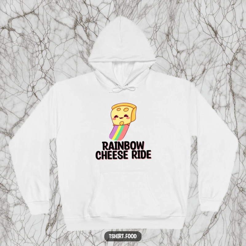 Funny hoodie featuring a giddy slice of cheese sliding down a rainbow, designed for ultimate comfort and cheesy fun.
