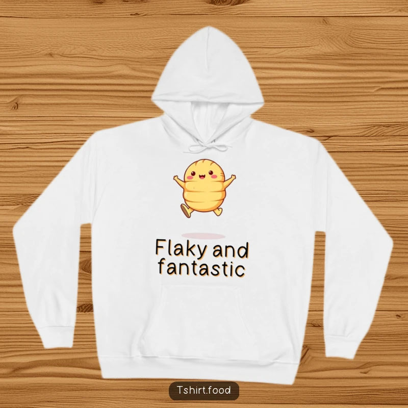 Funny Croissant Leap Hoodie: A cheerful croissant with butter shoes jumps with delight, perfect for cozy wear.