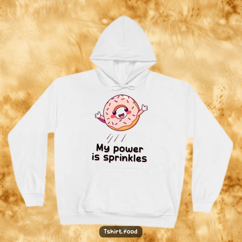 Funny Hoodie: A delightful donut with vibrant sprinkles executing a mighty superhero landing, radiating power and sweetness.