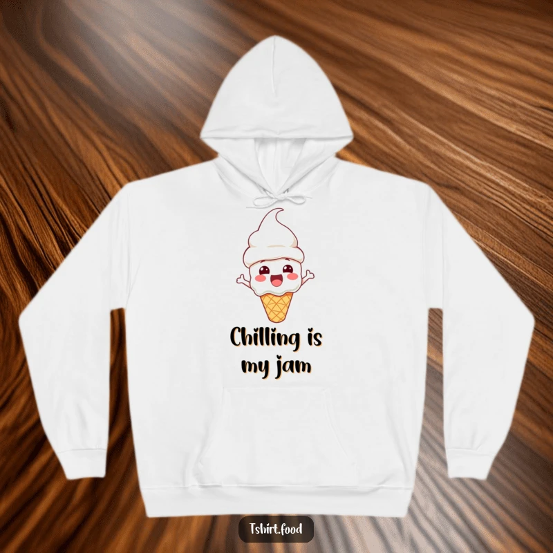 Funny Hoodie featuring an excited ice cream cone character sporting a cone hat, perfect for staying warm and stylishly cool.