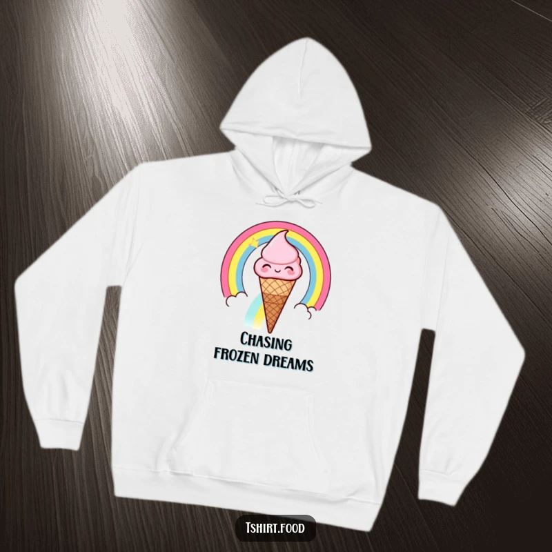 Funny winking ice cream cone sliding down a rainbow hoodie, a cheerful ice cream cone winking as it slides down a colorful rainbow.