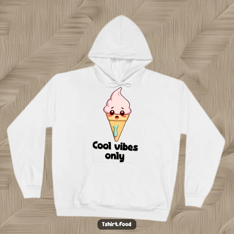 Funny hoodie featuring a surprised ice cream cone character slightly melting, offering cozy comfort with a humorous, relatable design.