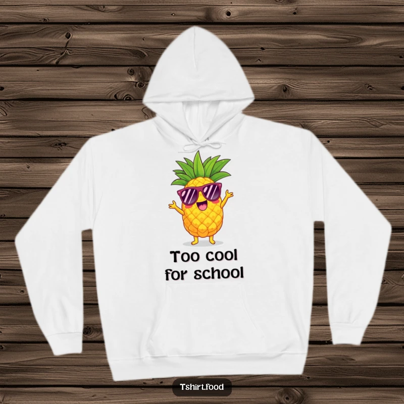 Funny pineapple hoodie with a character wearing sunglasses, doing a smooth shimmy, perfect for cool, comfortable fun.