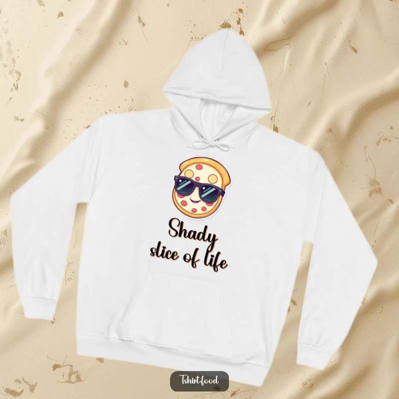 Funny pizza hoodie with a happy slice wearing sunglasses, a comfy funny gift.