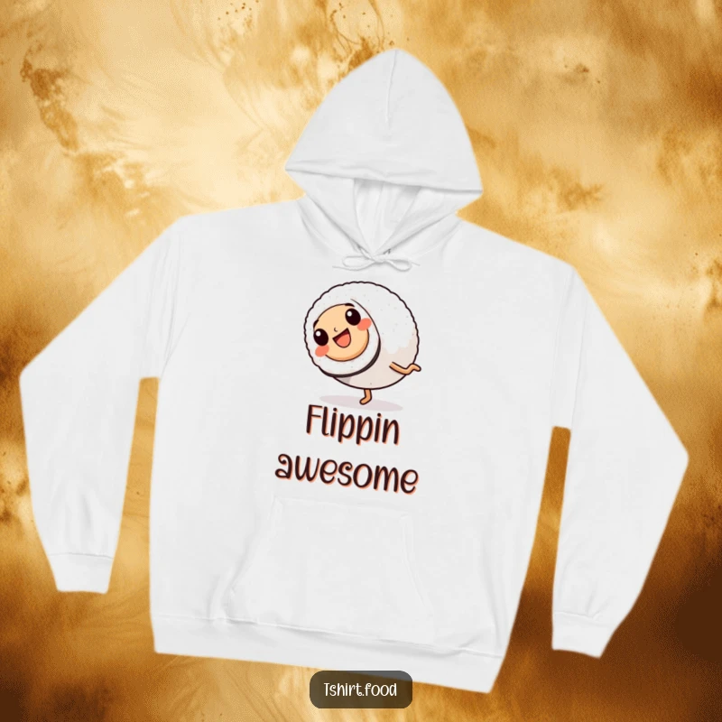 Funny Hoodie: A smiling sushi roll with legs performs a lively cartwheel, offering cozy warmth and a humorous vibe.