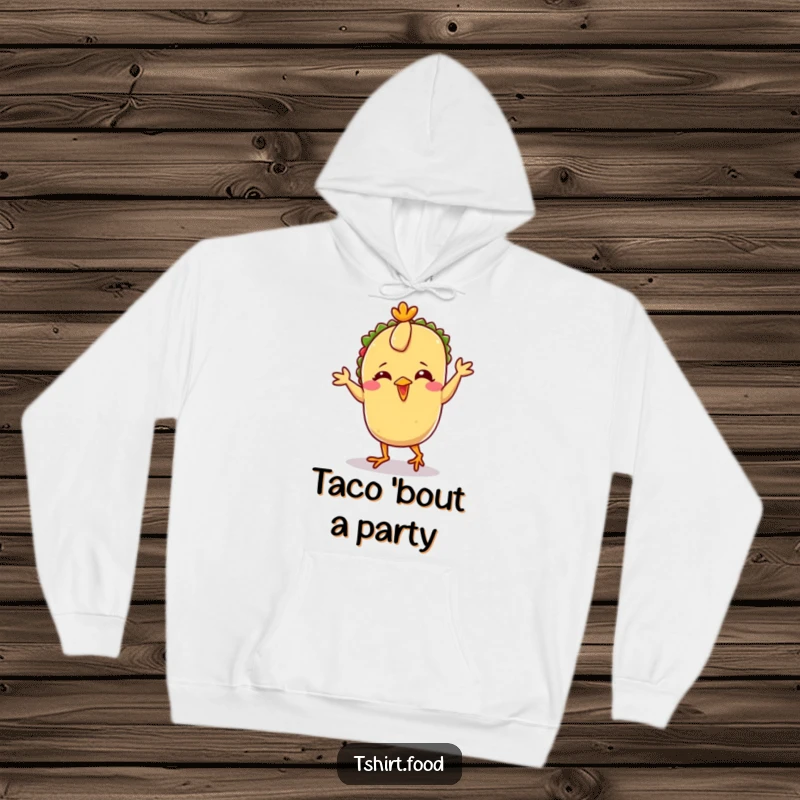 Funny Taco Chicken Dance Hoodie showing a giggling taco with small feet doing the iconic chicken dance, excellent for cold weather fun.